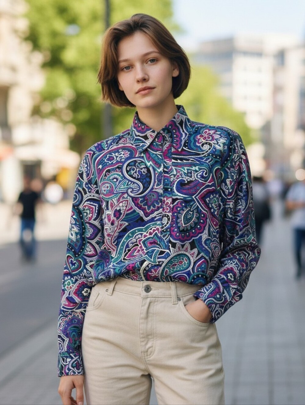 Alfred Dunner Woman Navy and Purple Paisley Button-Down Shirt Size 18W